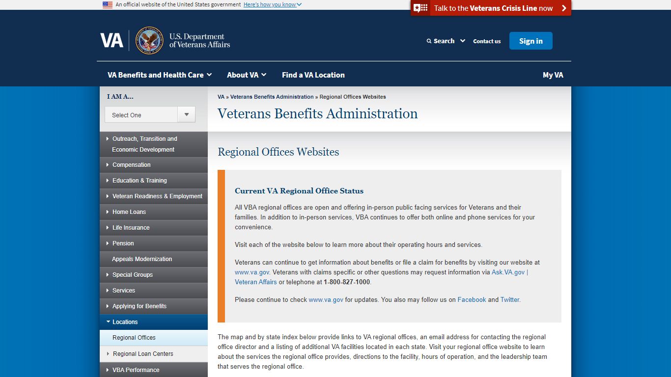 Regional Offices Websites - Veterans Benefits Administration